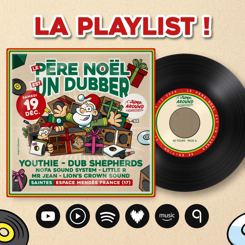 Visuel de la playlist du Père Noël est un Dubber #8 : la pochette de l’affiche et un vinyle 45 tours