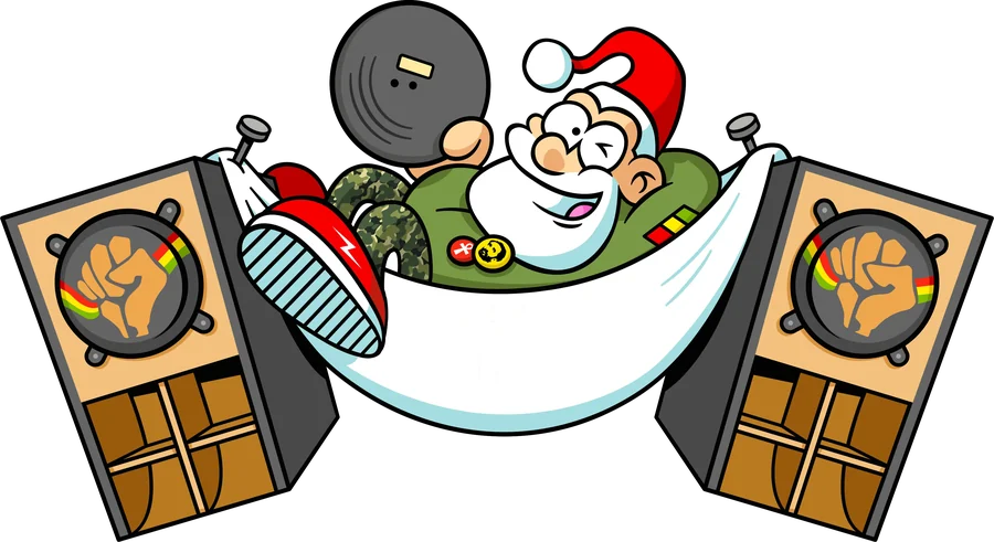 Illustration d’une édition précédente : le Père Noël dans un hamac entre deux enceintes