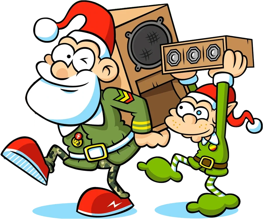 Illustration d’une édition précédente : le Père Noël et un lutin portent les enceintes