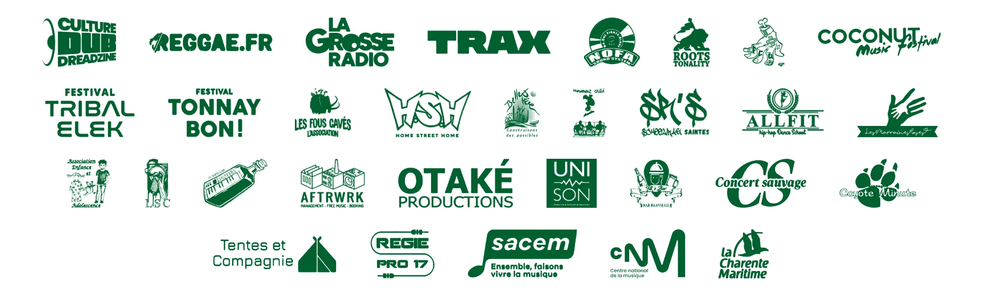 Logos : Culture Dub, Reggae.fr, La Grosse Radio, Trax, NOFA Sound System, Roots Tonality, Festival des Cultures Urbaines, Coconut Music Festival, Festival Tribal Elek, Festival Tonnay Bon !, Les Fous Cavés, Home Street Home, Belle Rive, Movement Child, SchoolRag’ Saintes, Allfit, Les Marraines Roses, Association Enfance et Adolescence, LSC, Les Saintaitiseurs, AFTRWRK, Otaké Productions, UNI-SON, Titi’s Bar, Concert sauvage, Coyote Minute, Tentes et Compagnie, Régie Pro 17, SACEM, Centre national de la musique, La Charente-Maritime