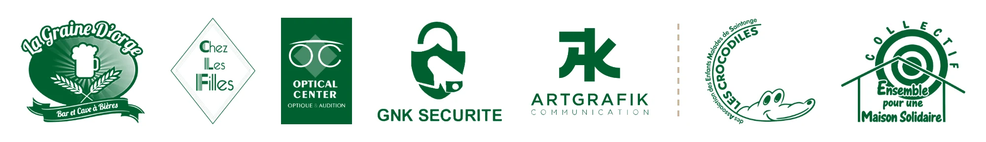 Logos : La Graine d’Orge, Restaurant Chez les Filles, Optical Center, GNK Sécurité, ArtGrafik Digital, Les Crocodiles, Collectif Ensemble pour une Maison Solidaire