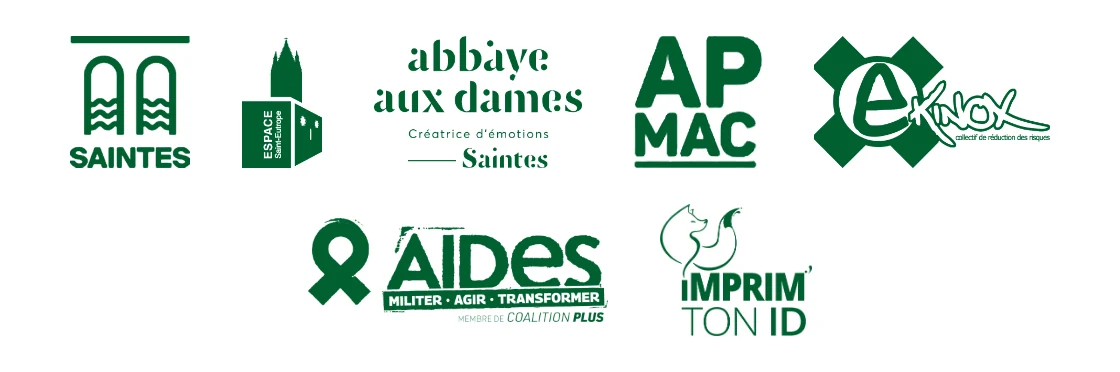 Logos : Ville de Saintes, Espace Saint-Eutrope · Chapelle Chavagne, Abbaye aux Dames, cité musicale, APMAC, Ekinox, AIDES Charente-Maritime, Imprim’ Ton ID